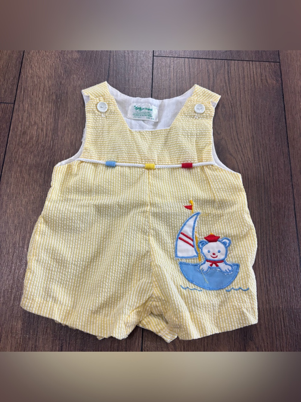 Vintage Tiny Tots Original Yellow Seersucker Romper, Bear in Sailboat, 3-6 month